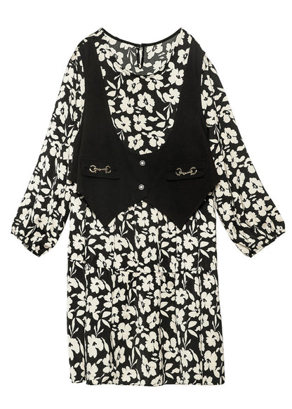 Black Oversized Patchwork Fake Two Piece Dress Spring