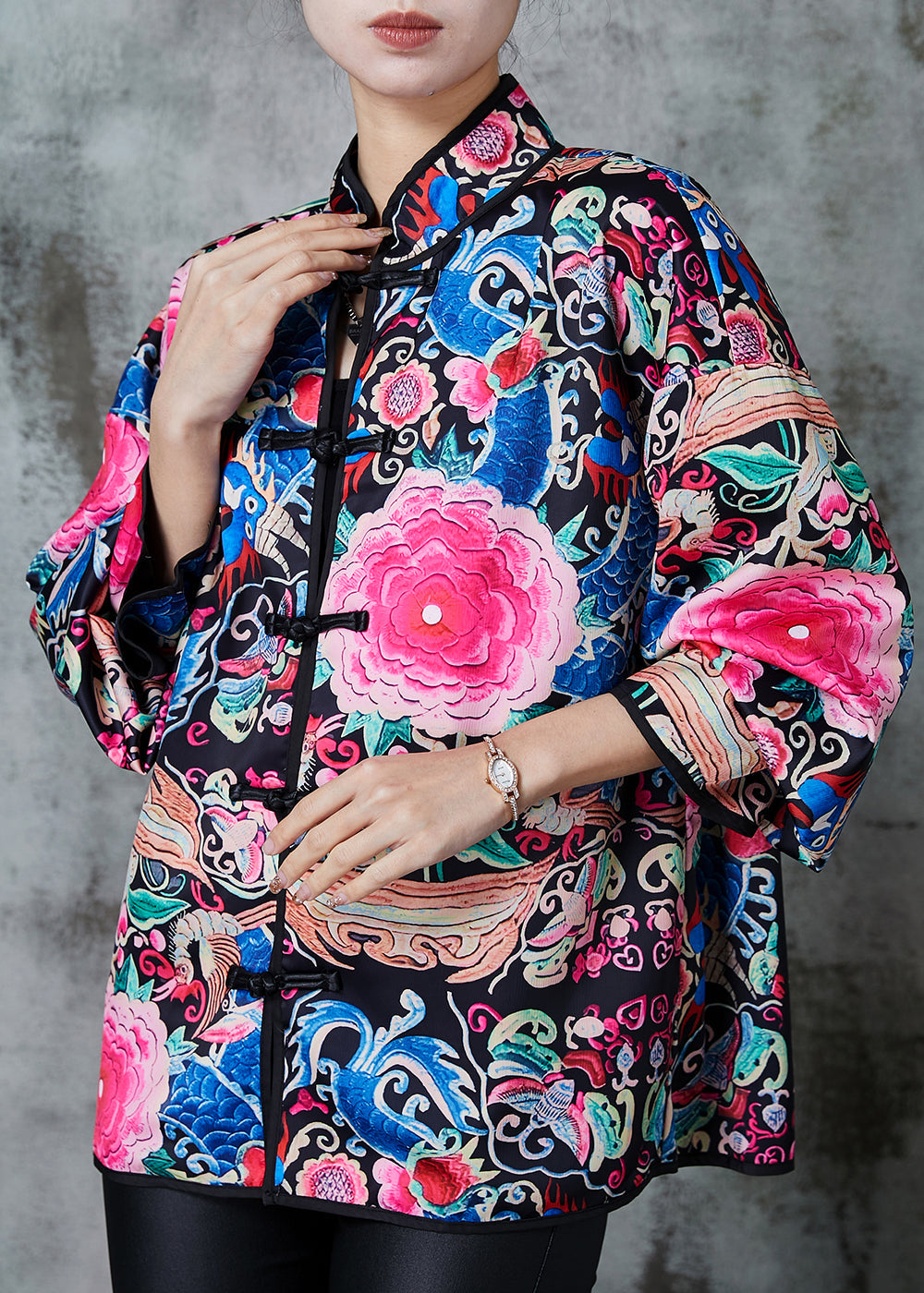 Black Embroidered Silk Chinese Style Coats Spring