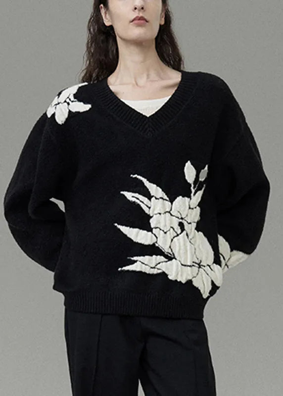 Black V Neck Cozy Cotton Knit Sweater Winter