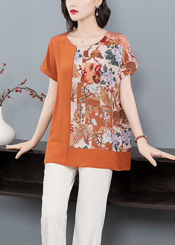 Orange O Neck Print Patchwork Silk T Shirt Tops Summer