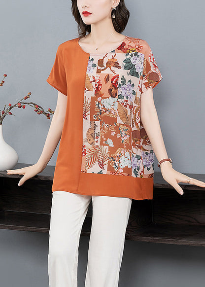 Orange O Neck Print Patchwork Silk T Shirt Tops Summer
