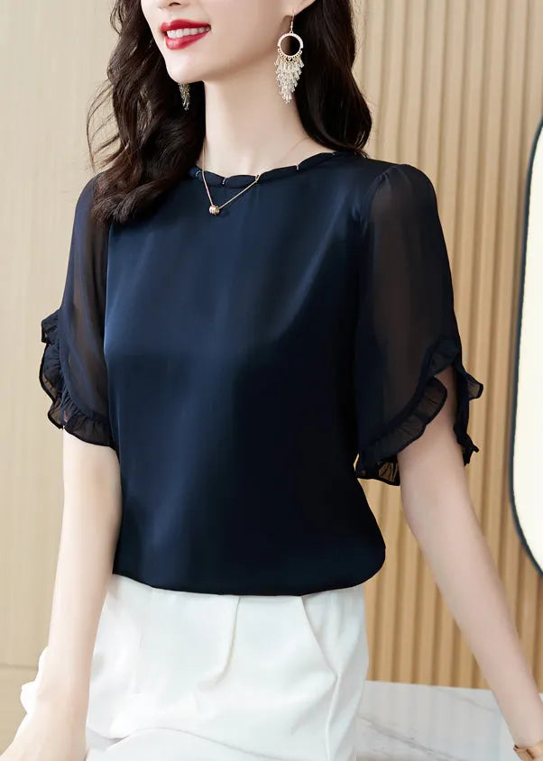 Boutique Navy O-neck Ruffled Chiffon Shirt Summer