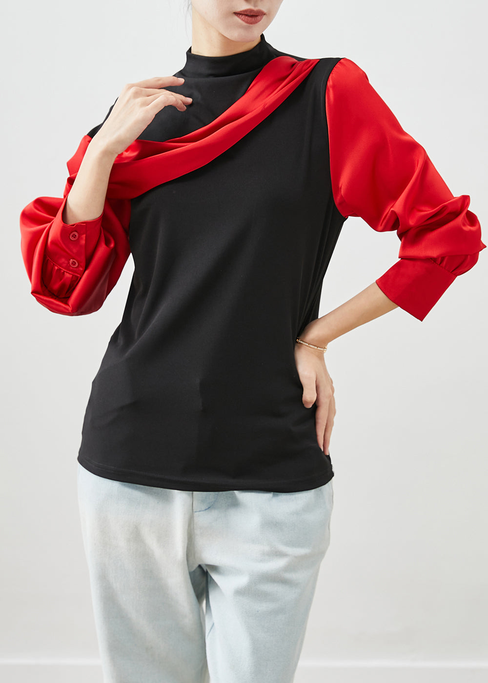 Diy Red Asymmetrical Patchwork Cotton Shirt Tops Batwing Sleeve