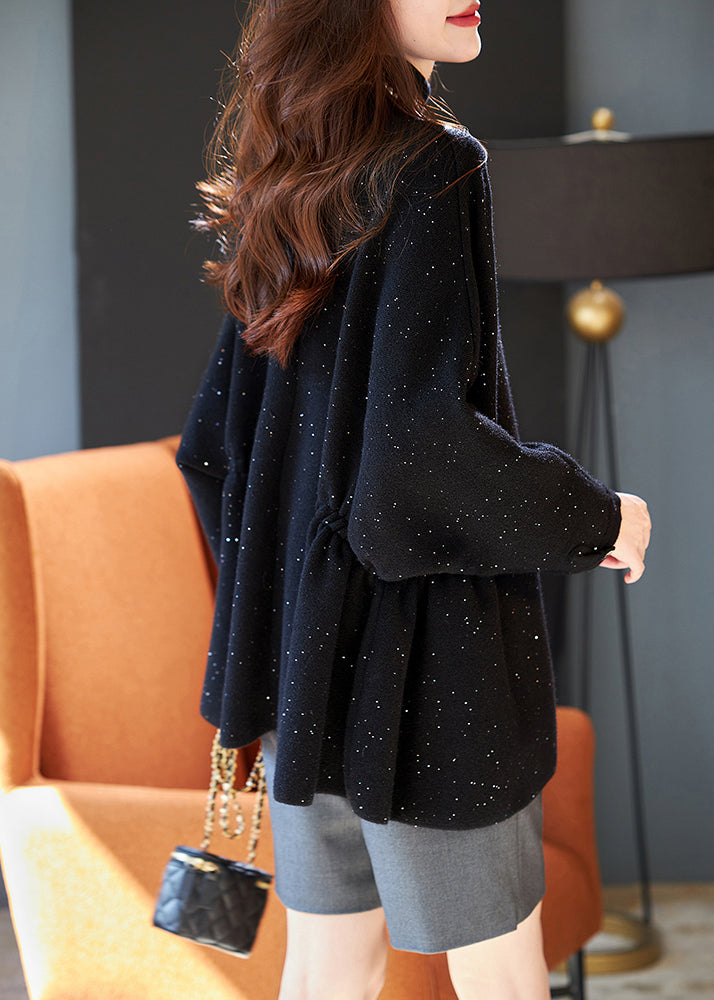 Black Cinched Sequins Knit Loose Coat Winter