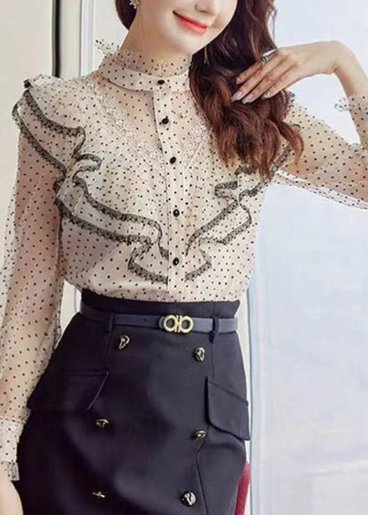 Apricot Stand Collar Ruffles Button Dot Chiffon Shirt Spring