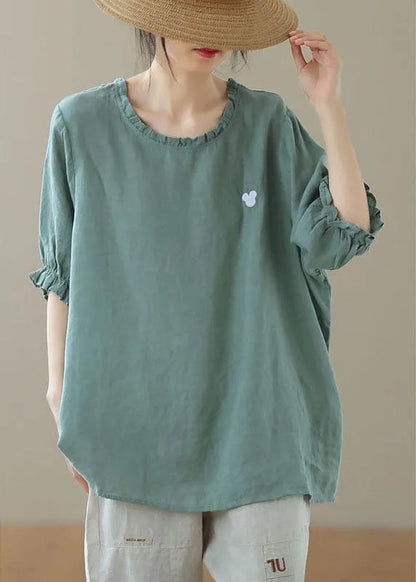 Italian Green Ruffled Print Loose Fall Tee Half Sleeve