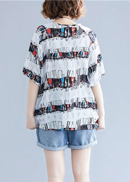 White O-neck Character Print Cotton Tops Summer