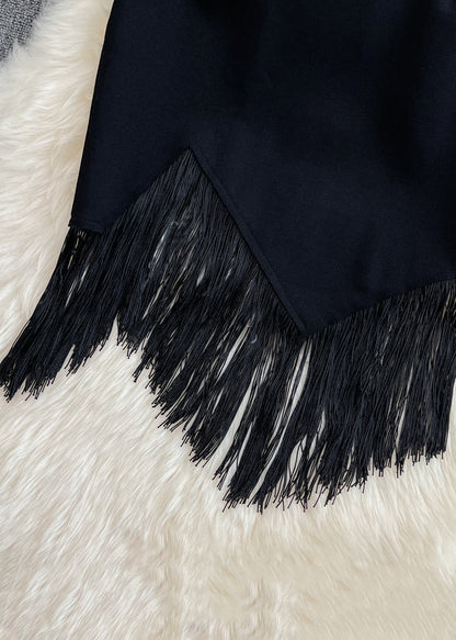 Black Asymmetrical High Waist Tassel Skirt Spring