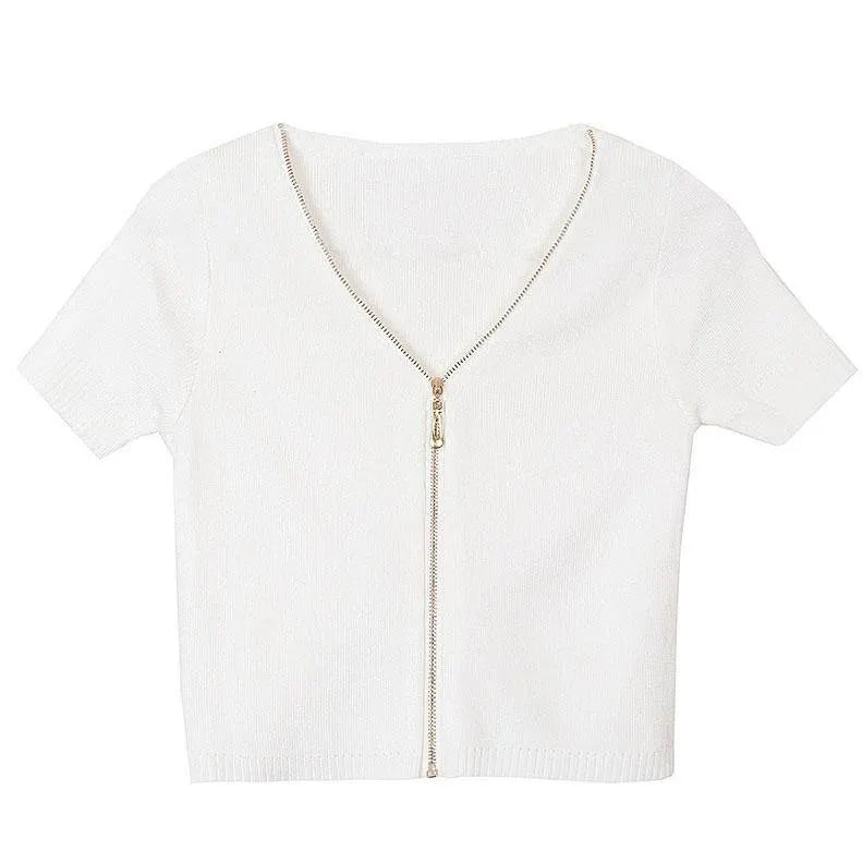 Modern White Zippered V Neck Shirt Tops Summer