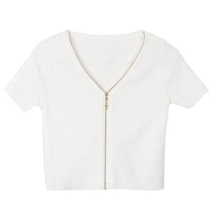 Modern White Zippered V Neck Shirt Tops Summer