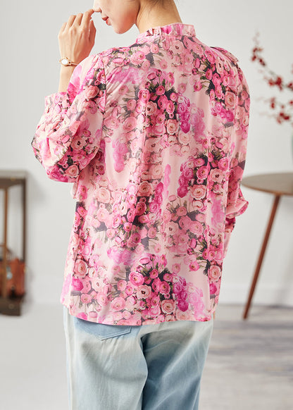 Red Print Patchwork Ruffled Silk Shirt Tops Spring