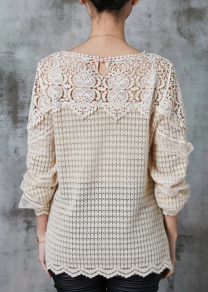 Apricot Hollow Out Patchwork Knit Blouse Tops Spring