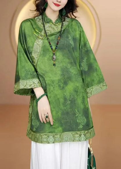 Retro Green Stand Collar Print Oriental Button Silk Shirt Top Fall