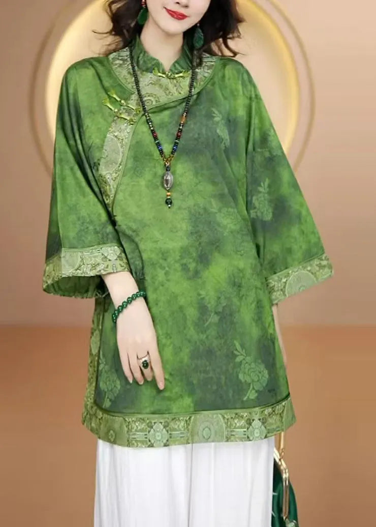 Retro Green Stand Collar Print Oriental Button Silk Shirt Top Fall