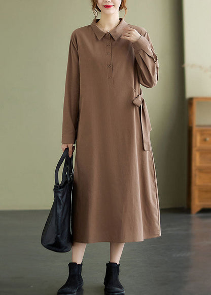 Khaki Peter Pan Collar Tie Waist Cotton Dresses Spring