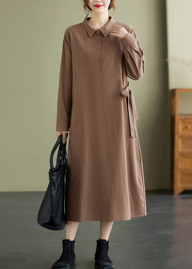 Khaki Peter Pan Collar Tie Waist Cotton Dresses Spring