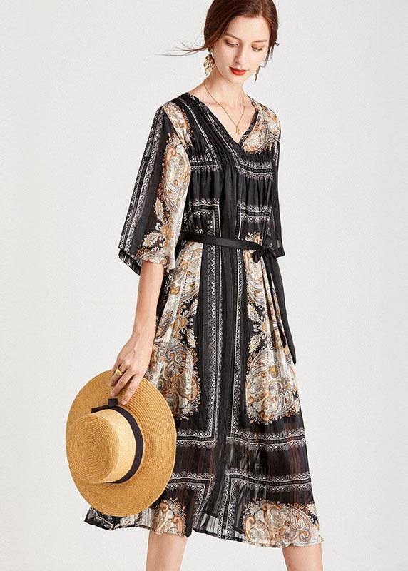 Classy Black Apricot V Neck Print Fall Chiffon Party Dresses Half Sleeve