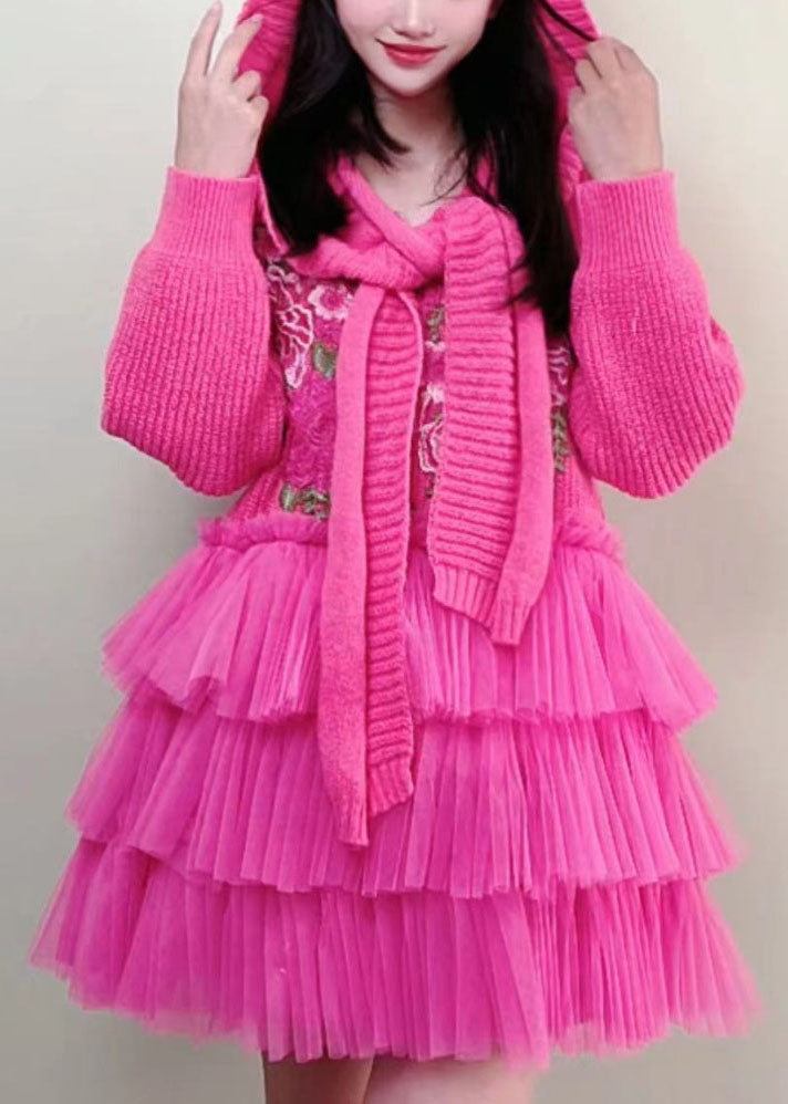 Rose Embroideried Knit Tulle Patchwork and Cape Two Piece Set Fall
