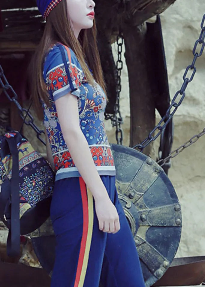 Modern Blue O-neck Print T Shirt Summer