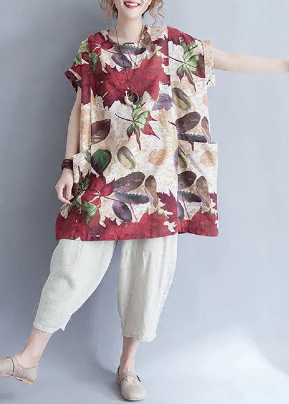 Retro O-neck Print Loose Fall Top Short Sleeve