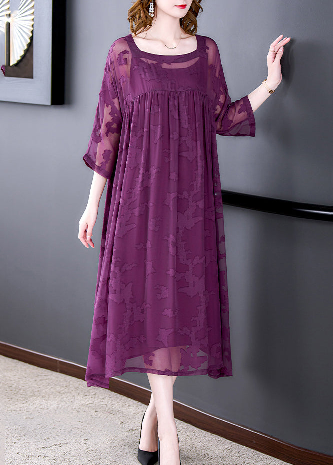 Purple Hollow Out Chiffon Dress Two Piece Set Clothing Wrinkled Summer