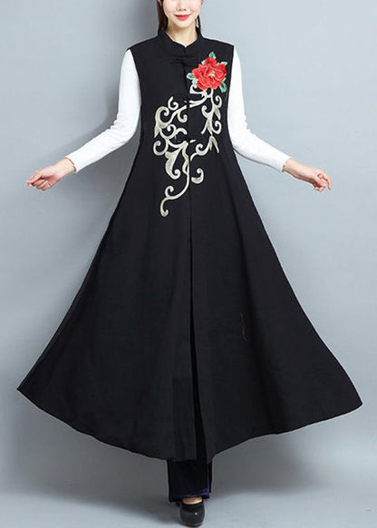 Black Embroideried Side Open Patchwork Cotton Long Waistcoat Sleeveless
