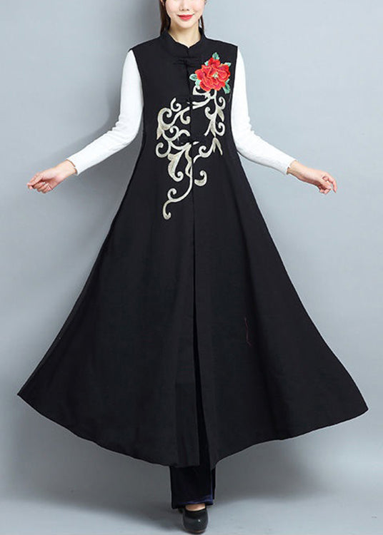 Black Embroideried Side Open Patchwork Cotton Long Waistcoat Sleeveless