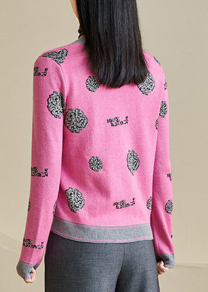Pink Print Button Cotton Knit Cardigans Long Sleeve