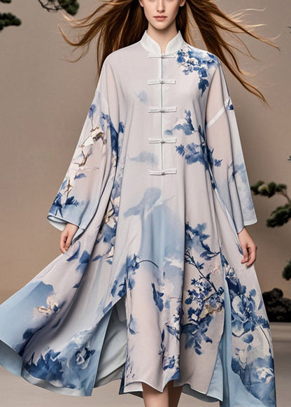 White Print Chinese Button Side Open Chiffon Oriental Dress Fall