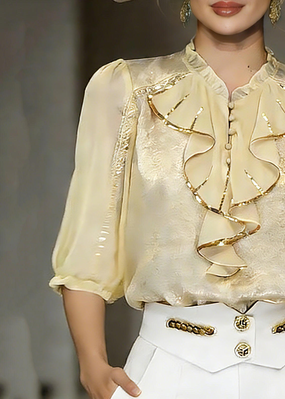 Yellow Stand Collar Ruffled Chiffon Shirt Summer