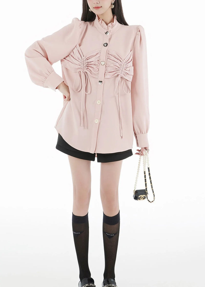 Pink Ruffled Patchwork Wrinkled Chiffon Top Puff Sleeve