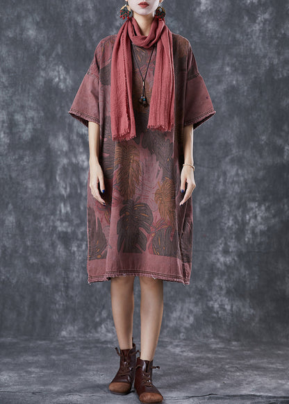 Brick Red Oversized Print Denim Dresses Winter