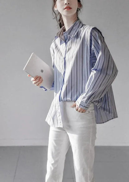 Italian Blue Peter Pan Collar Striped Cotton Shirt Tops Long Sleeve