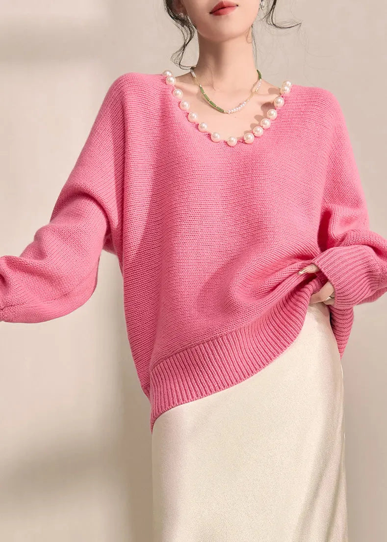 Brief Pink Thick Cotton Knit Sweater V Neck Pearl Lantern Sleeve Fall