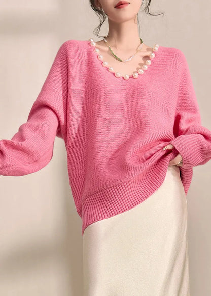 Brief Pink Thick Cotton Knit Sweater V Neck Pearl Lantern Sleeve Fall