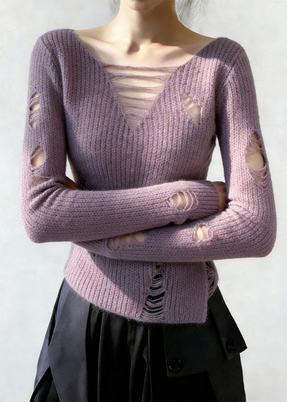 Lavender V Neck Ripped Knitted Tops Spring