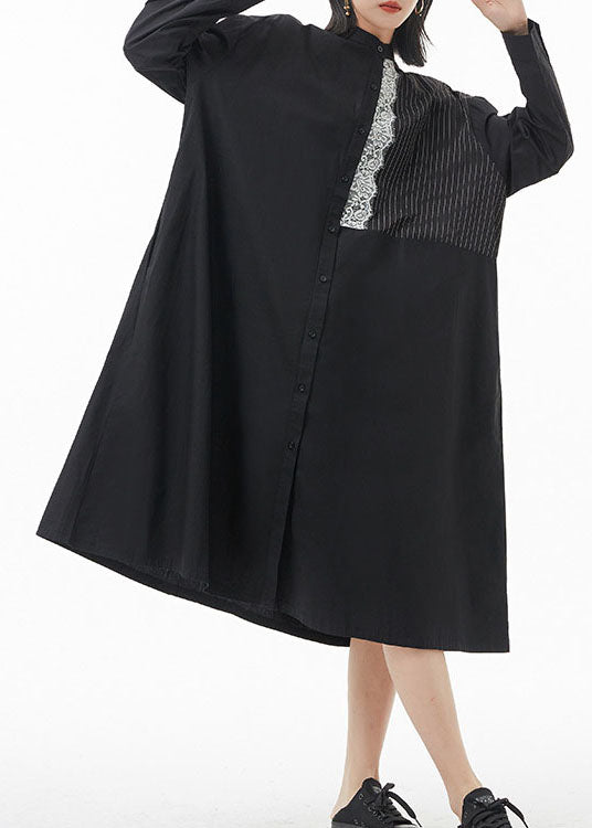 Black Stand Collar Lace Patchwork Shirt Dress Spring