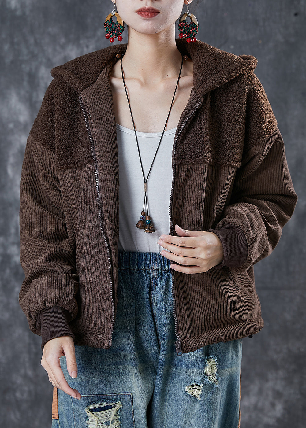 Brown Patchwork Warm Fleece Jacket Hooded Winter