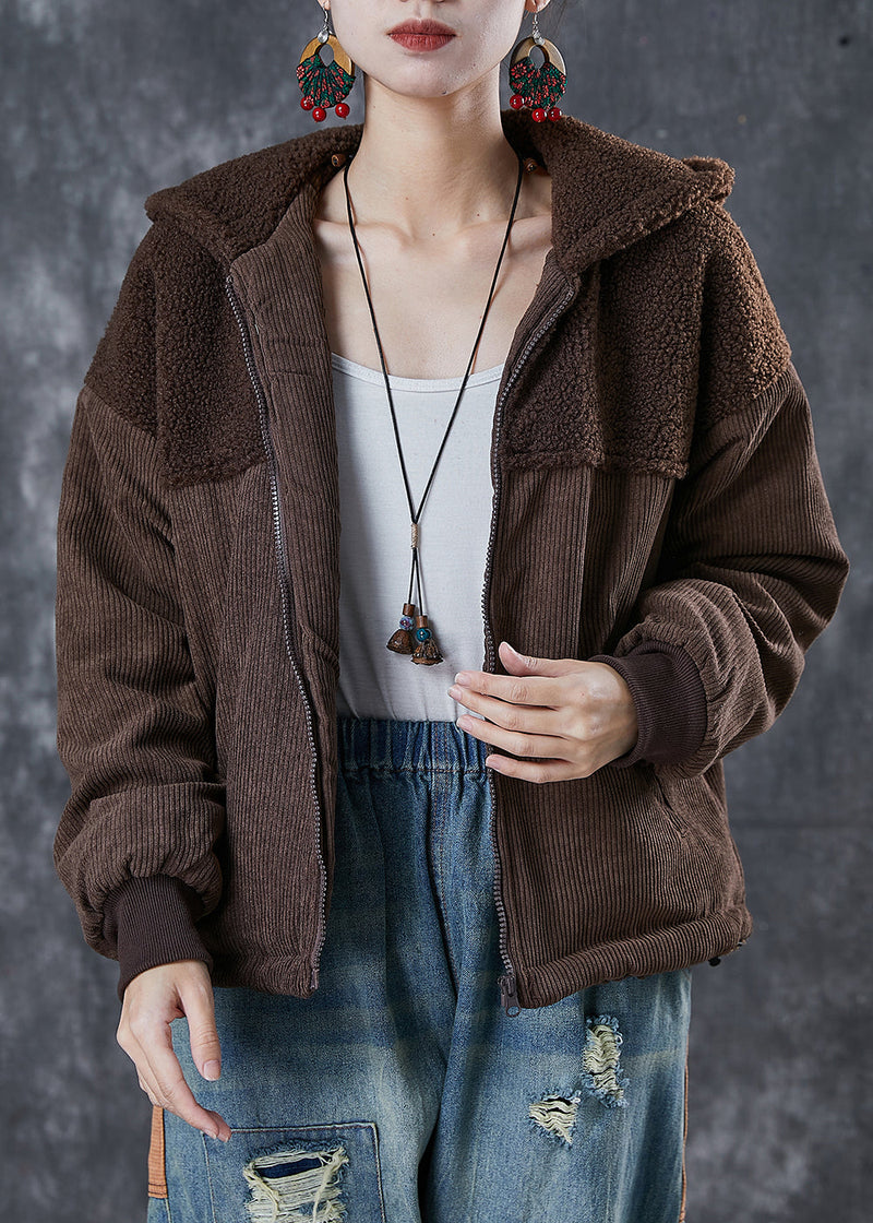Brown Patchwork Warm Fleece Jacket Hooded Winter