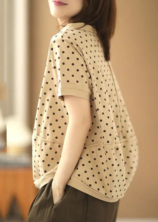Apricot Turn-down Collar Patchwork Dot Print Cotton Shirts Short Sleeve