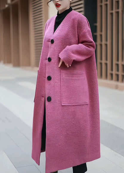 Pink Pockets Back Side Open Woolen Coats Winter