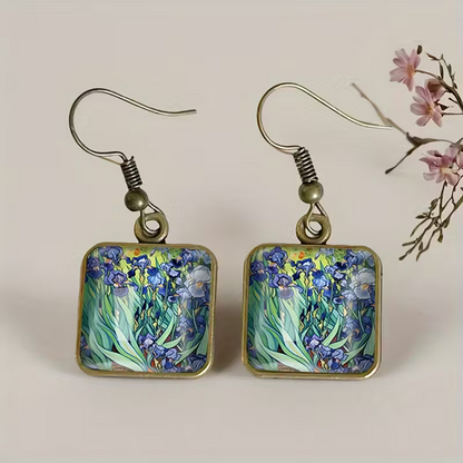 Boucles d'Oreilles Cube Peintes à la Main Iris Van Gogh