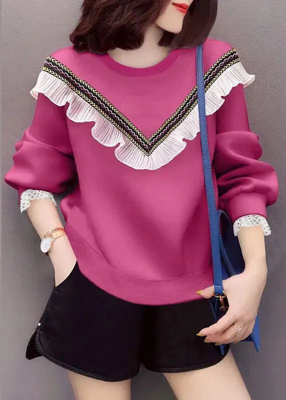 Style Rose O-neck Ruffled Fall Loose Sweatshirts Top