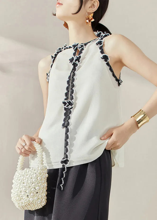 White Ruffled Patchwork Tops Sleeveless