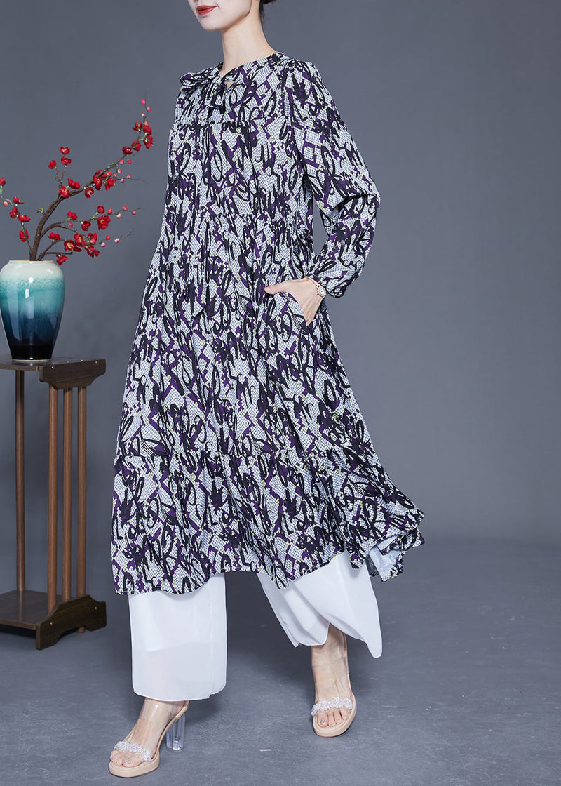 Lace Up Patchwork Print Silk a Line Dress Spring