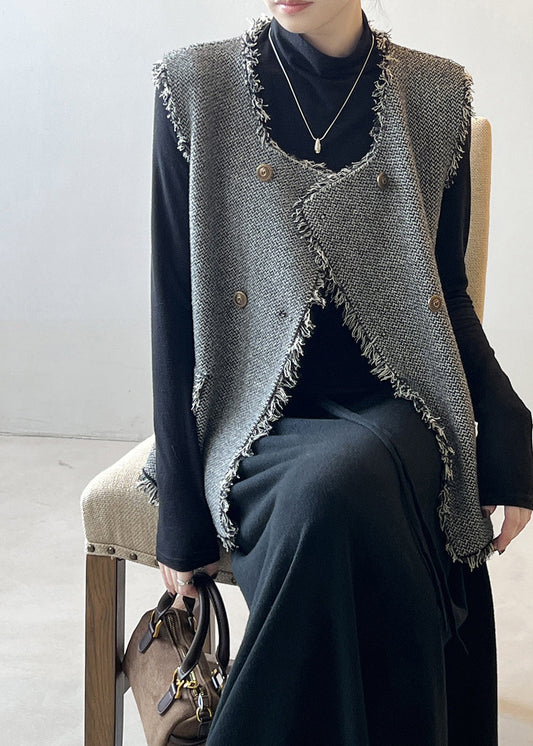 Grey Tasseled Double Breast Knit Vest Sleeveless