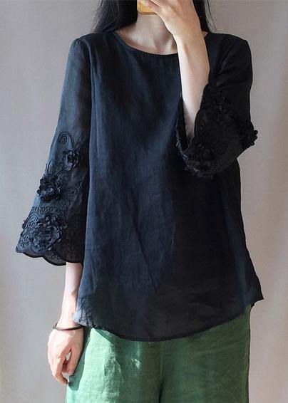 Black Embroidery Tunics O Neck Clothing Tops