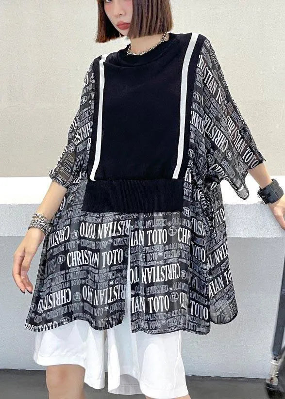 Black Patchwork Graphic Tie Waist Blouse Tops Summer