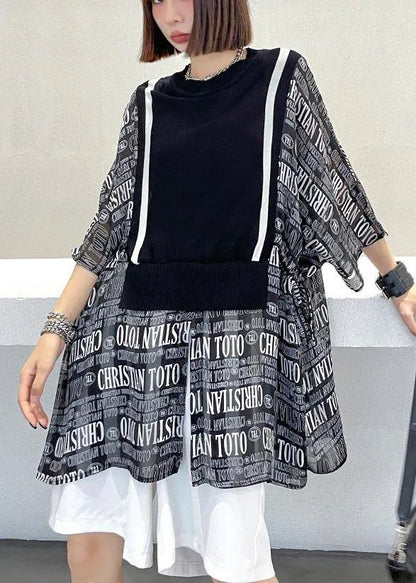 Black Patchwork Graphic Tie Waist Blouse Tops Summer