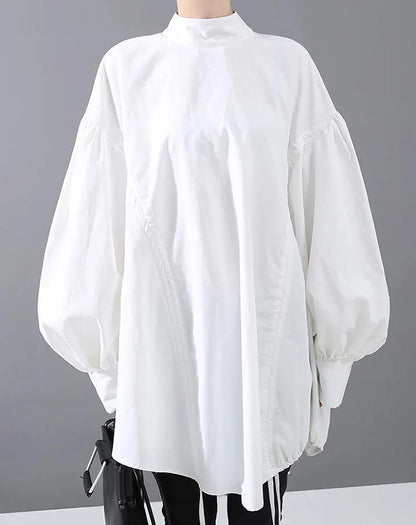 Lantern Sleeve Woman Style Black White Hipster Blouse Shirt